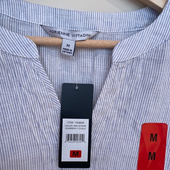 Adrienne Vittadini 100% Linen Blue White Striped Chambray Cap Sleeve Top Size M - Picture 9 of 14